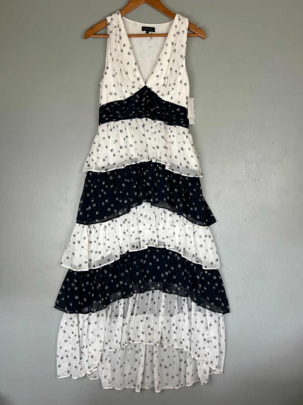 1.State Tiered Midi Dress Ivory Dark Indigo Size 6 NWT Orig $129 Nordstrom